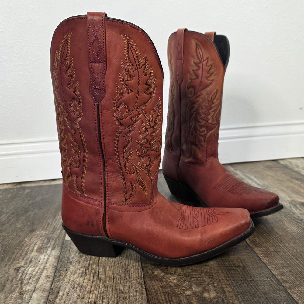 Laredo Red Leather Embroidered Square Toe Western Cowboy Boots Womens 10M